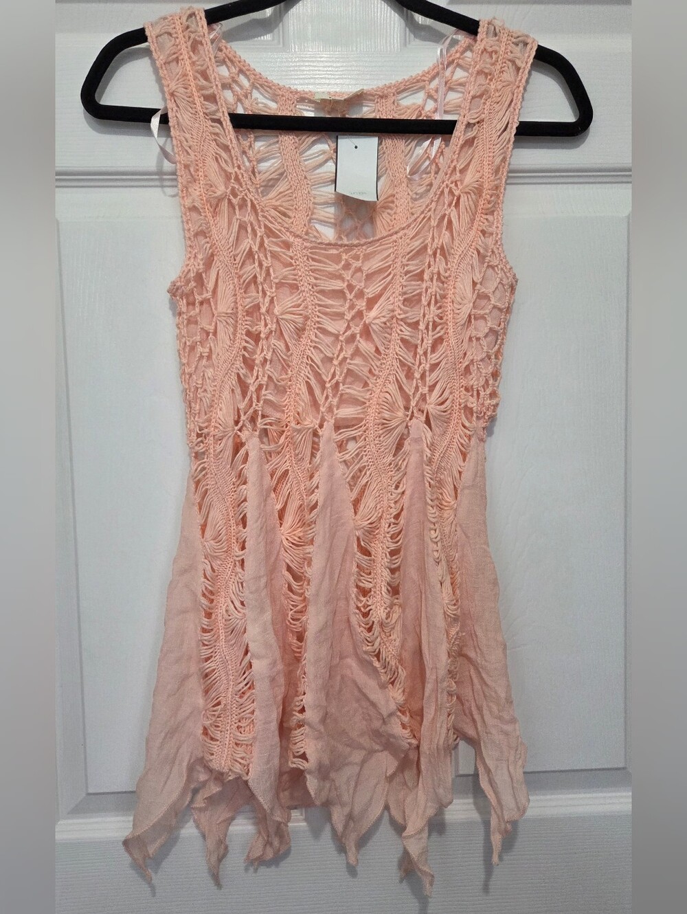 Love J Peach Open Knit Crochet Handkerchief Hem Boho Fairycore Tunic Top Sz Sm